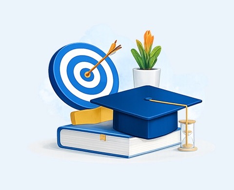 Graduation cap, books and a target representing learning objectives