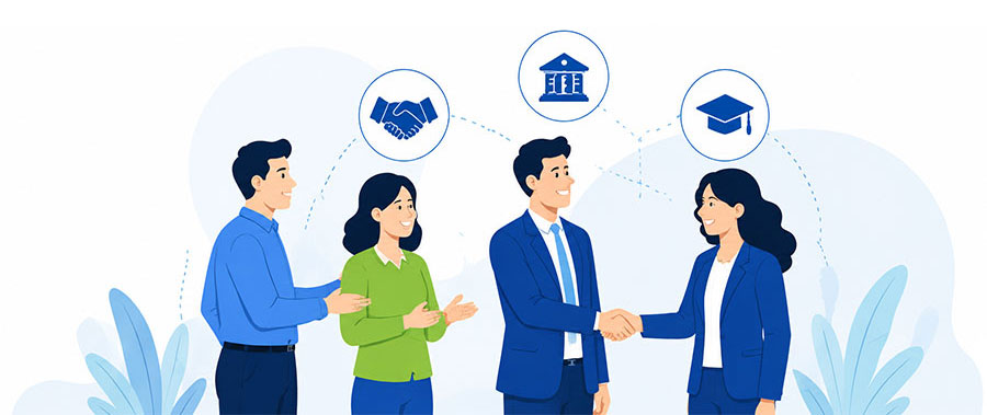 Professionals building a partnership through collaboration, education and institutions